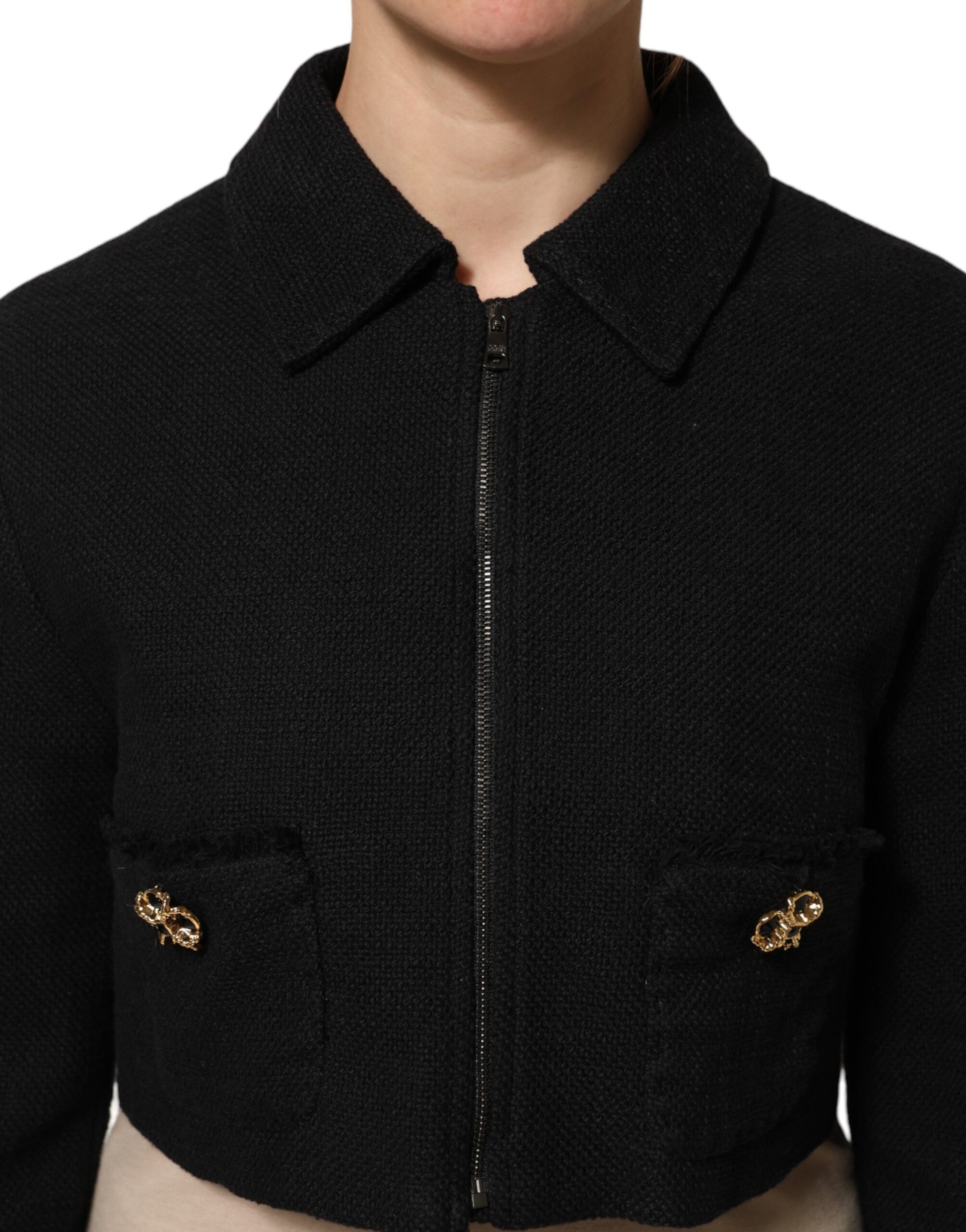 Black Cotton Full Zip Cropped Coat Jacket