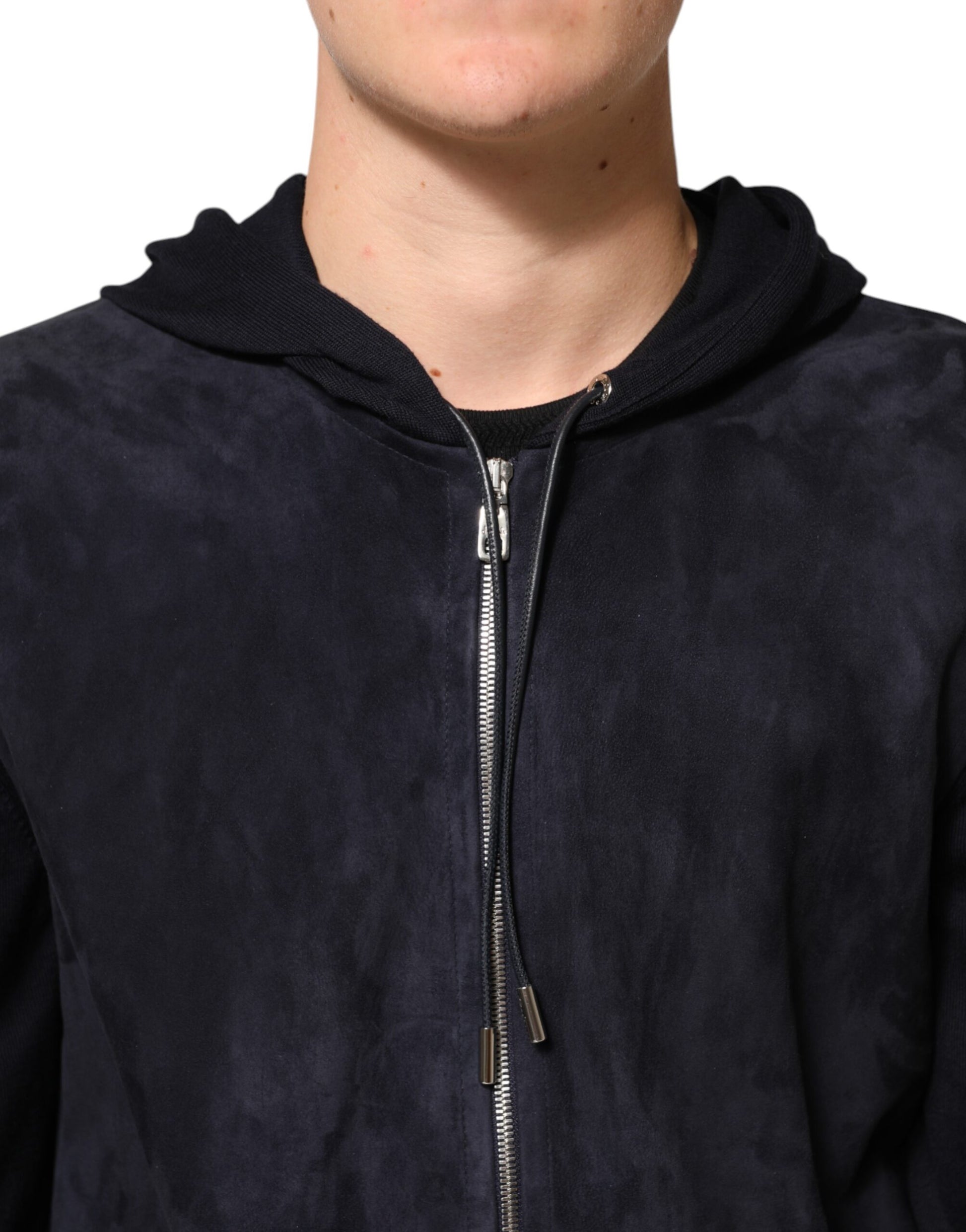 Black Leather Full Zip Hooded Blouson Jacket
