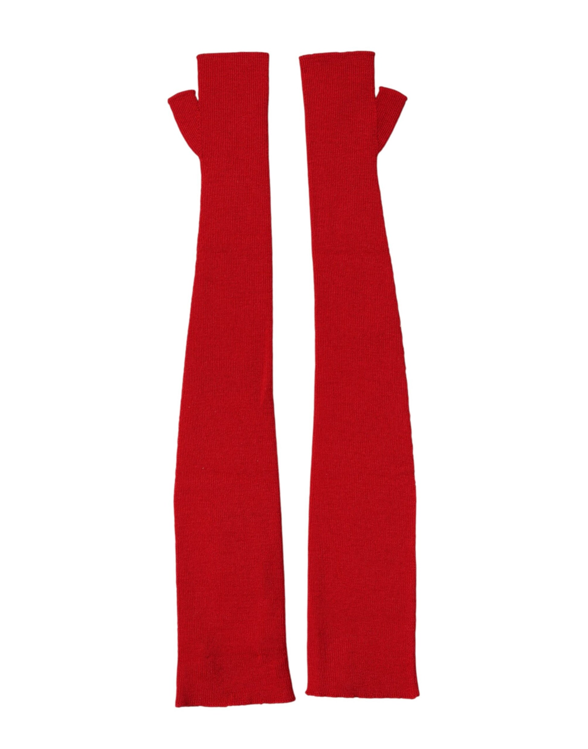 Red Wool Knitted Fingerless Elbow One Length Gloves