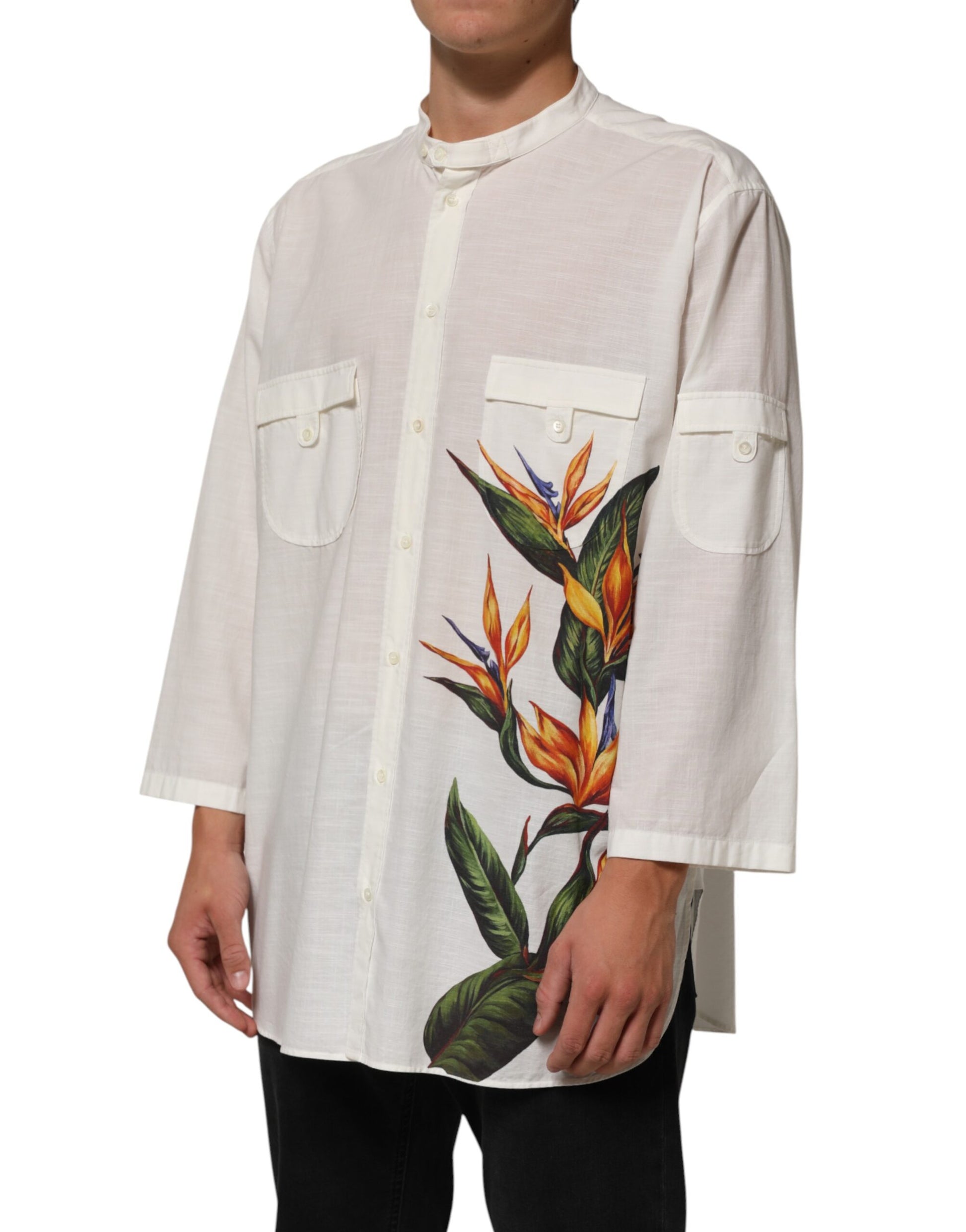White Cotton Floral Print Button Down Shirt