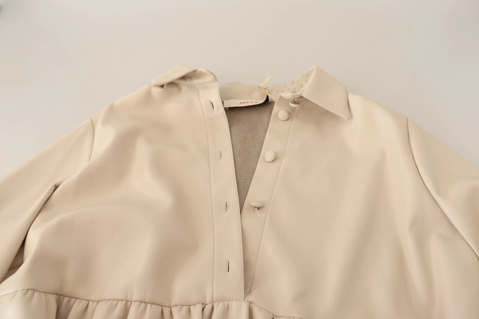 Leather Beige Long Sleeves Collared A-line Mini  Dress