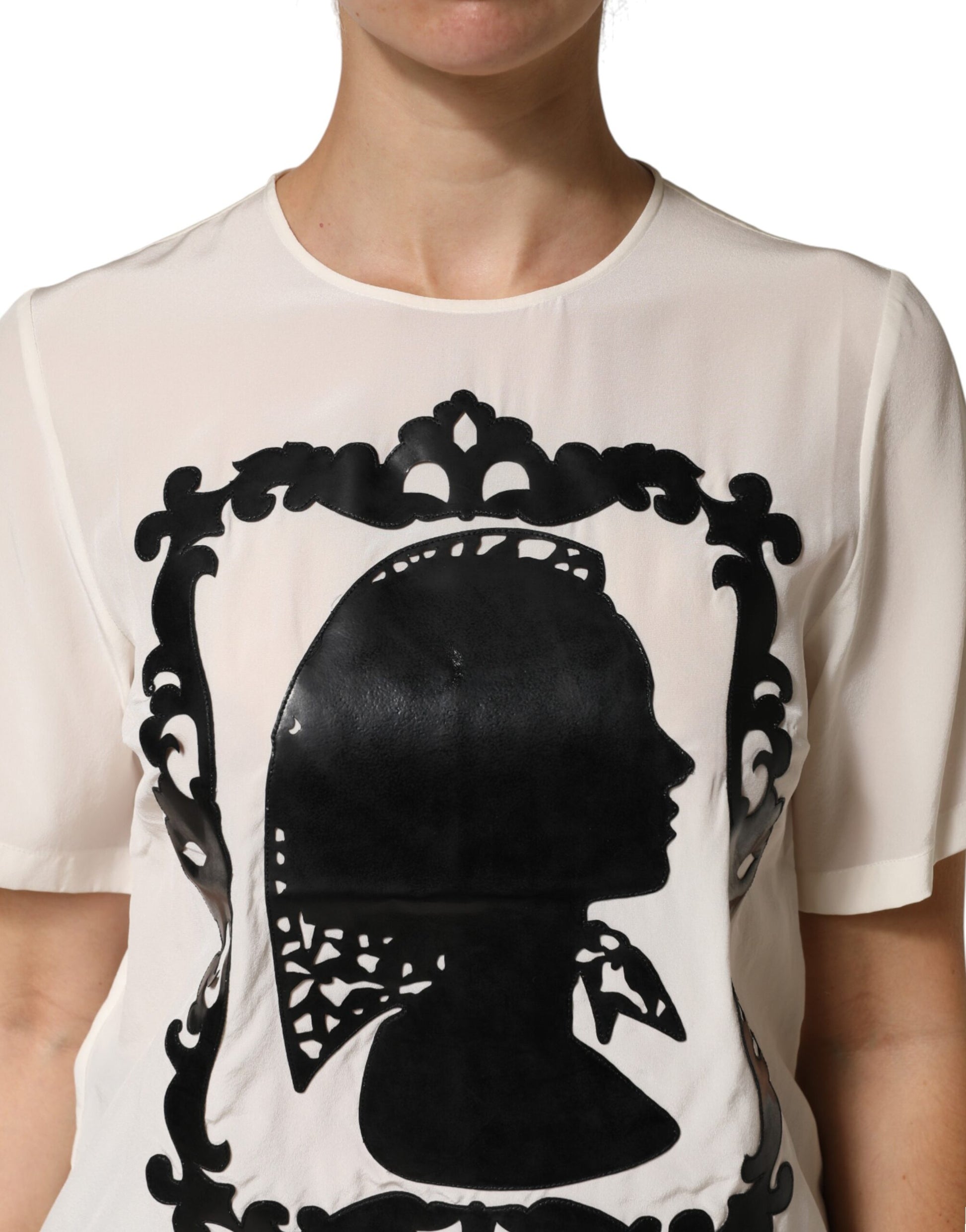 Cream Silk Silhouette Detail Short Sleeve Top