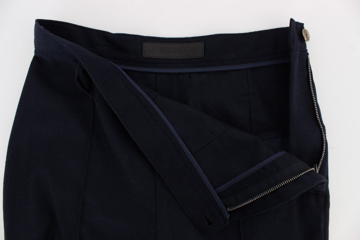 Blue Virgin Wool Slim Fit Casual Pants