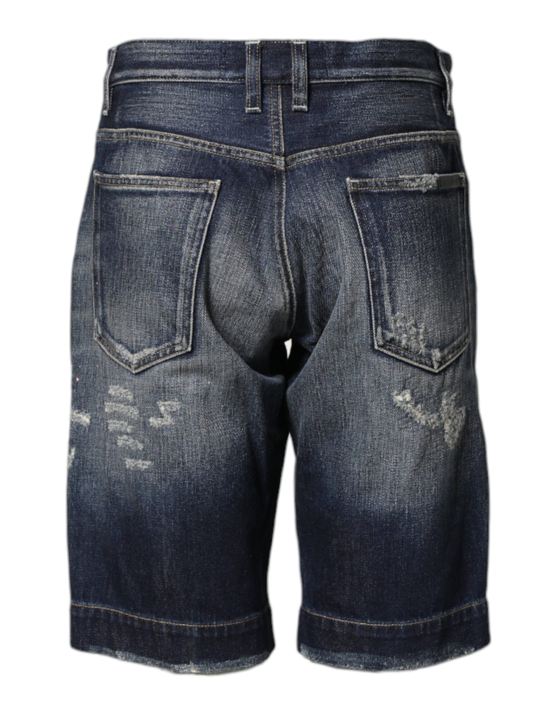 Blue Cotton Distressed Denim Bermuda Shorts