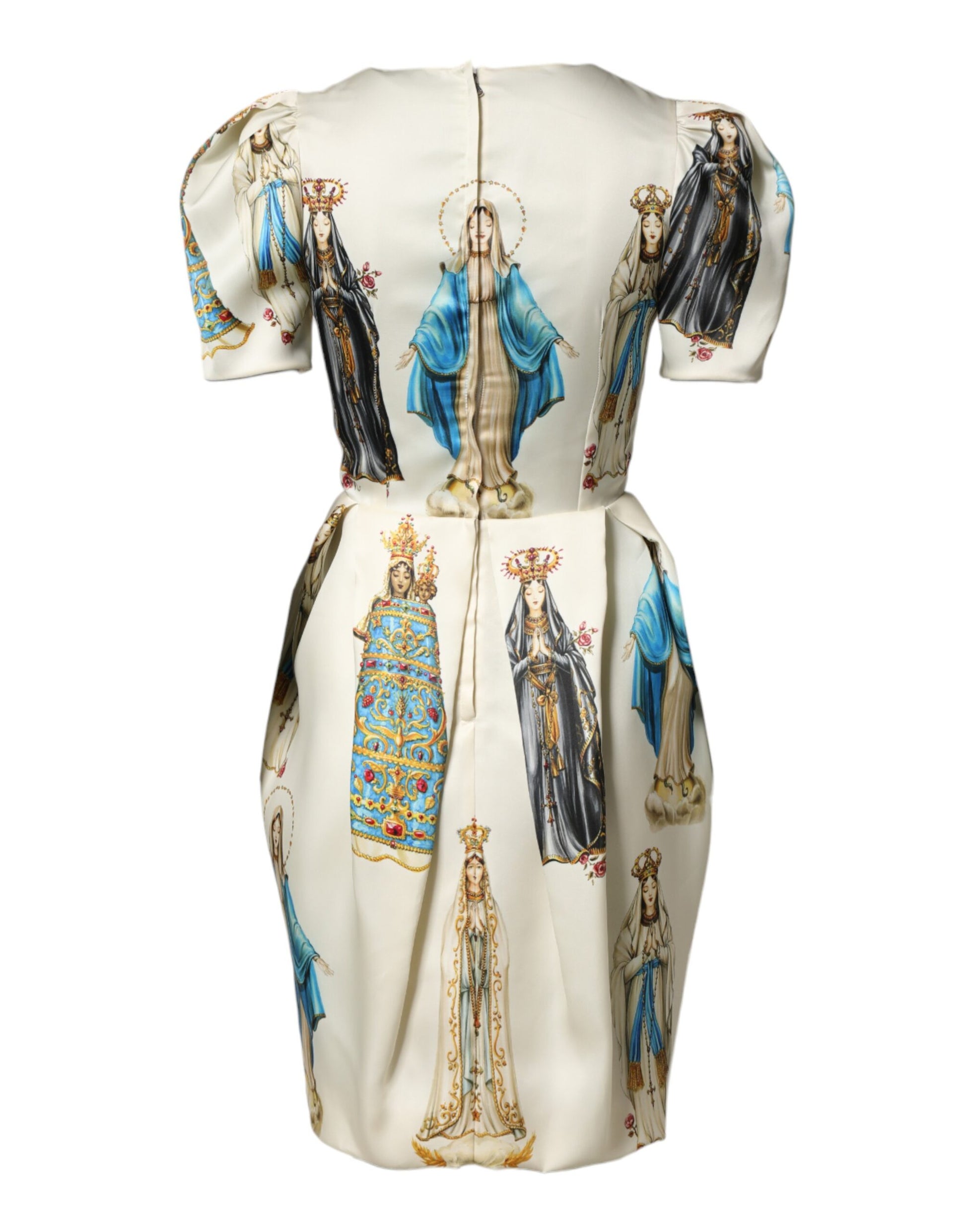 Beige Madonne Print Silk Short Sleeve Dress
