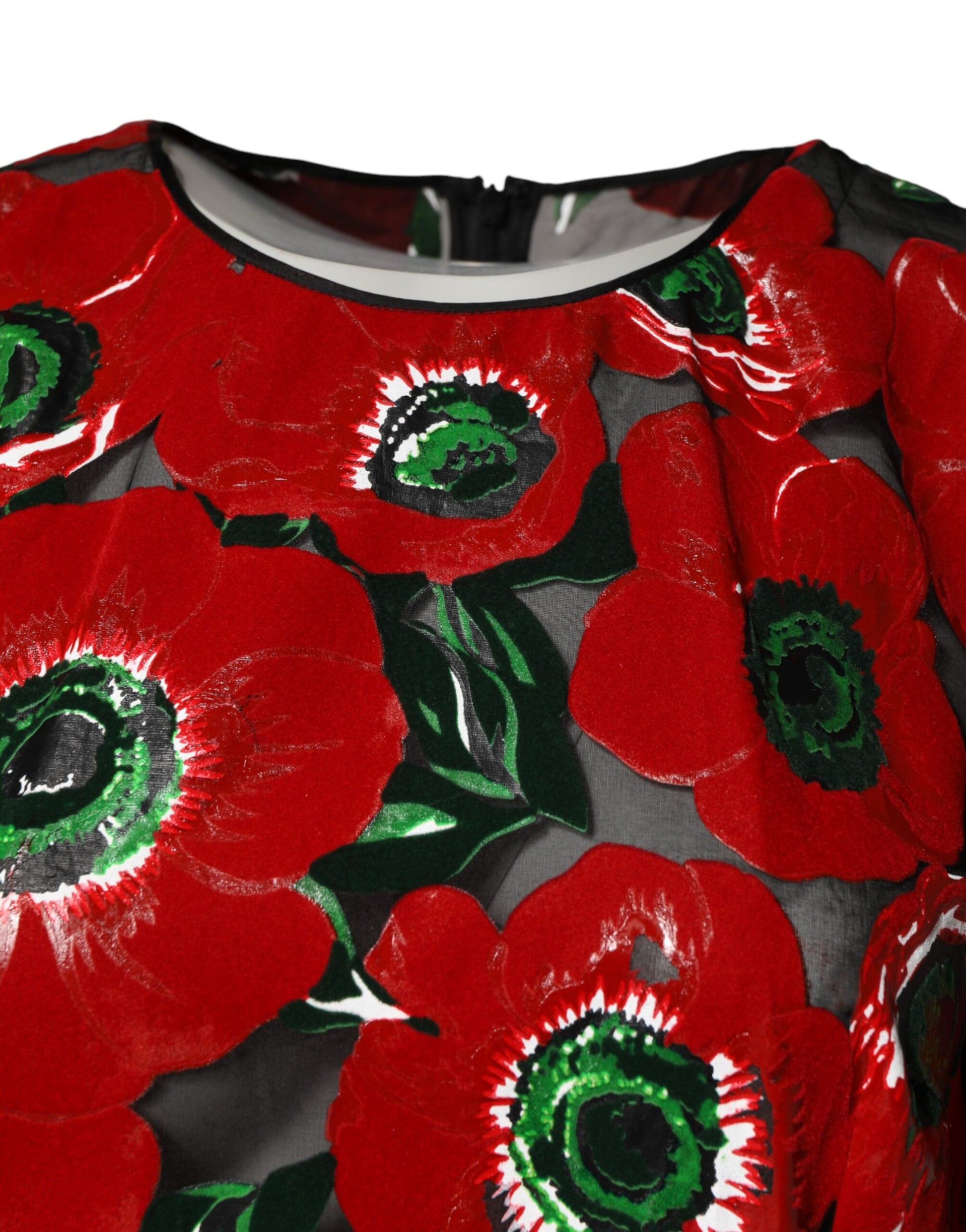 Red Floral Print Nylon A-line Midi Dress