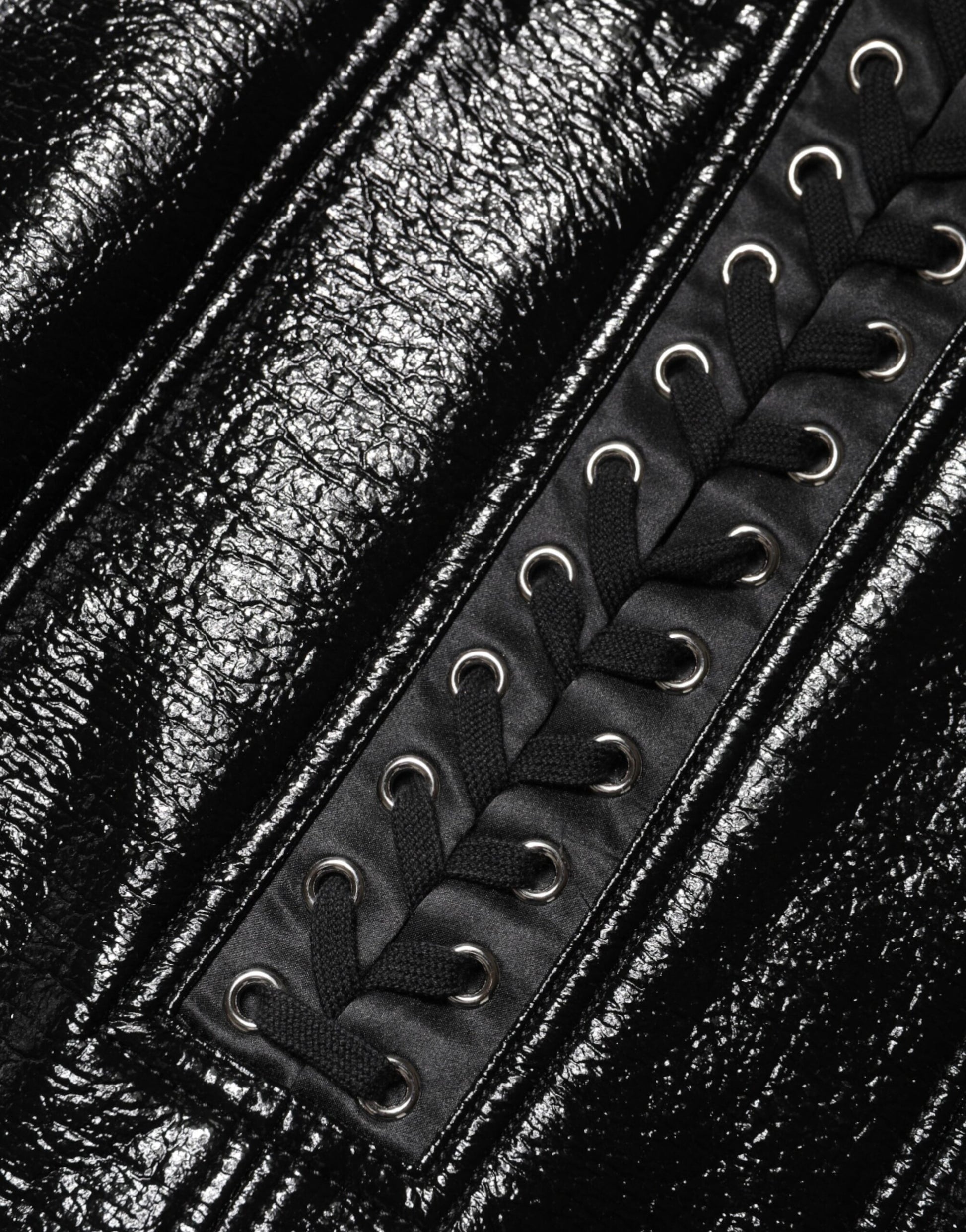 Black Nylon Eyelet Detail Coated Mini Skirt