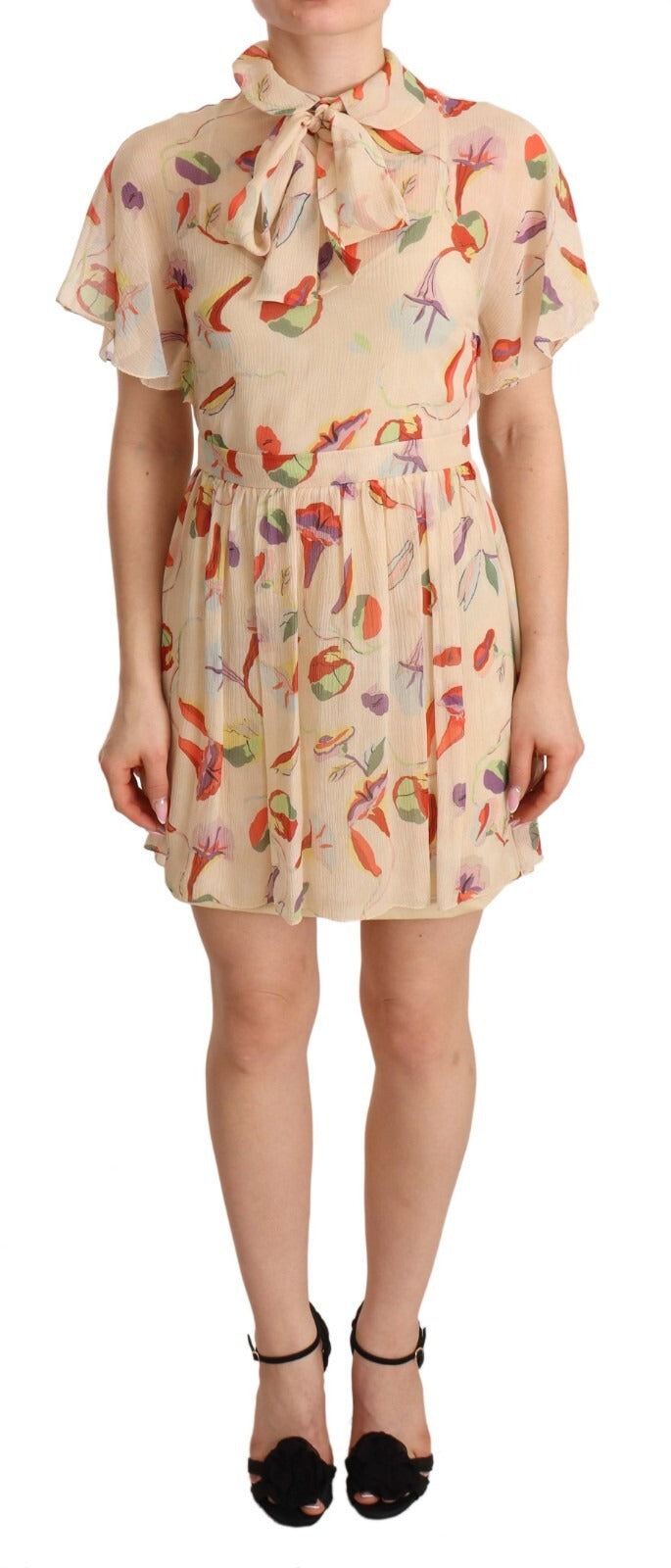 Beige Ascot Collar Short Sleeves Aline Mini Dress