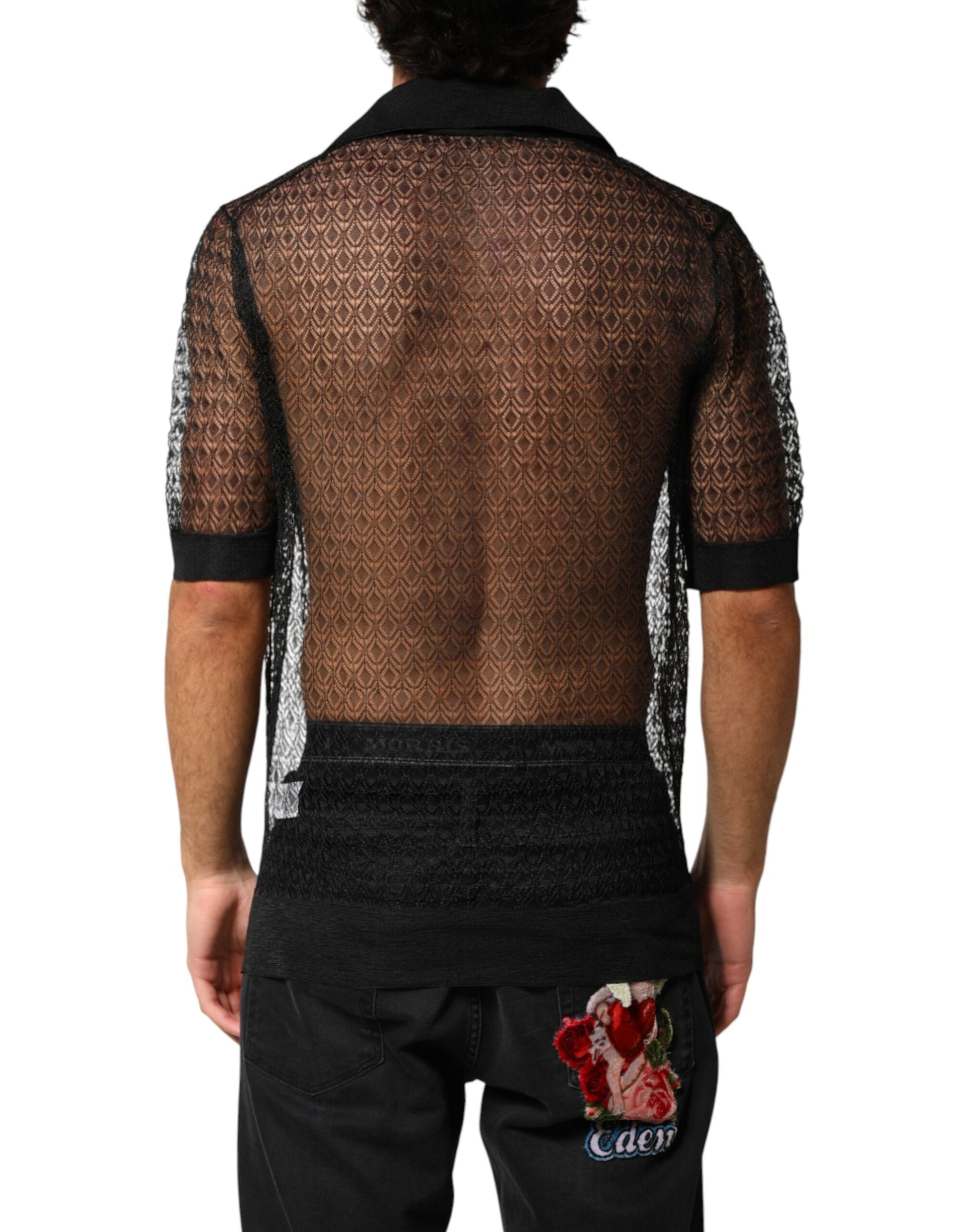 Black Sheer Short Sleeves Casual Polo  Top
