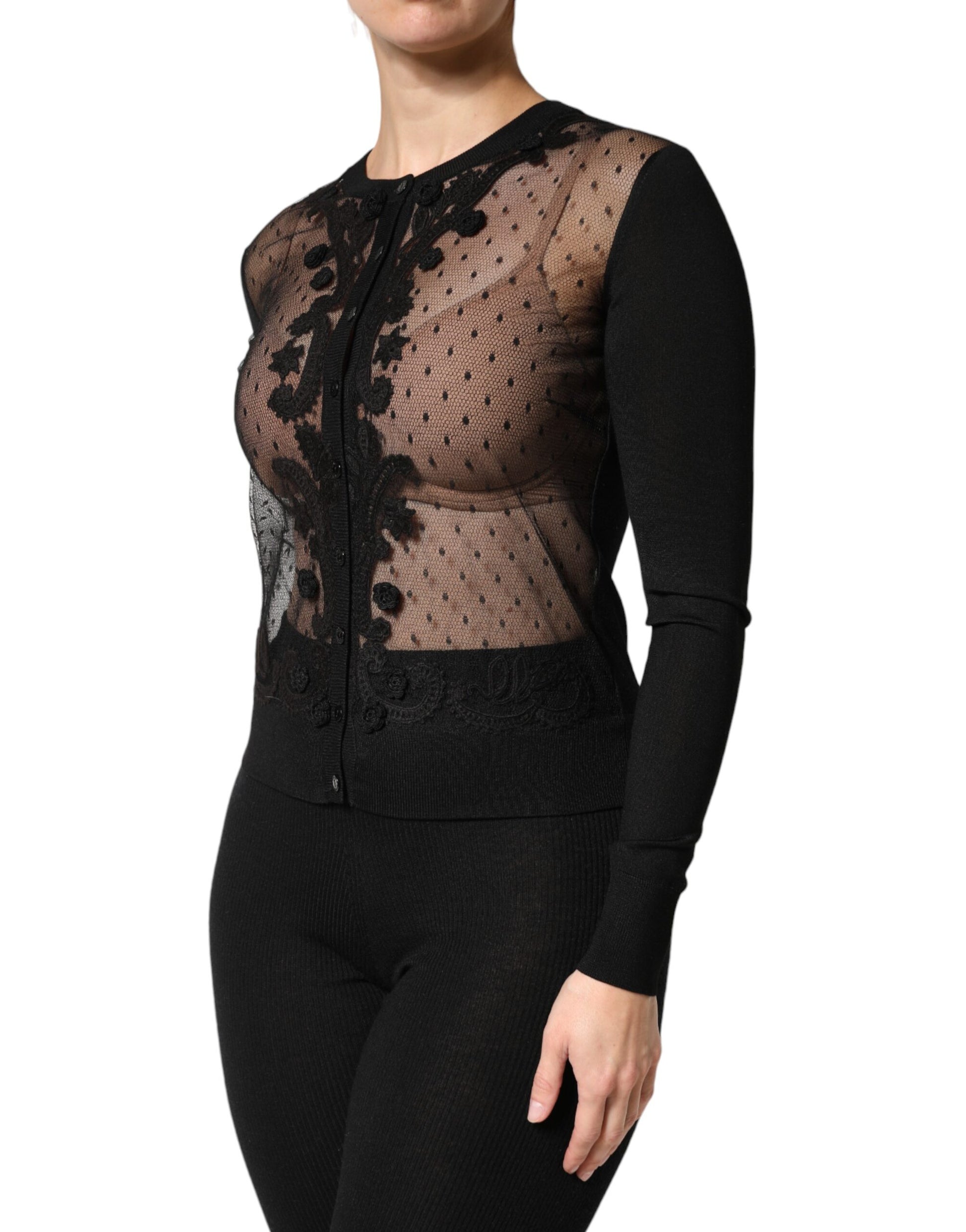 Black Sheer Button Down Cardigan Sweater
