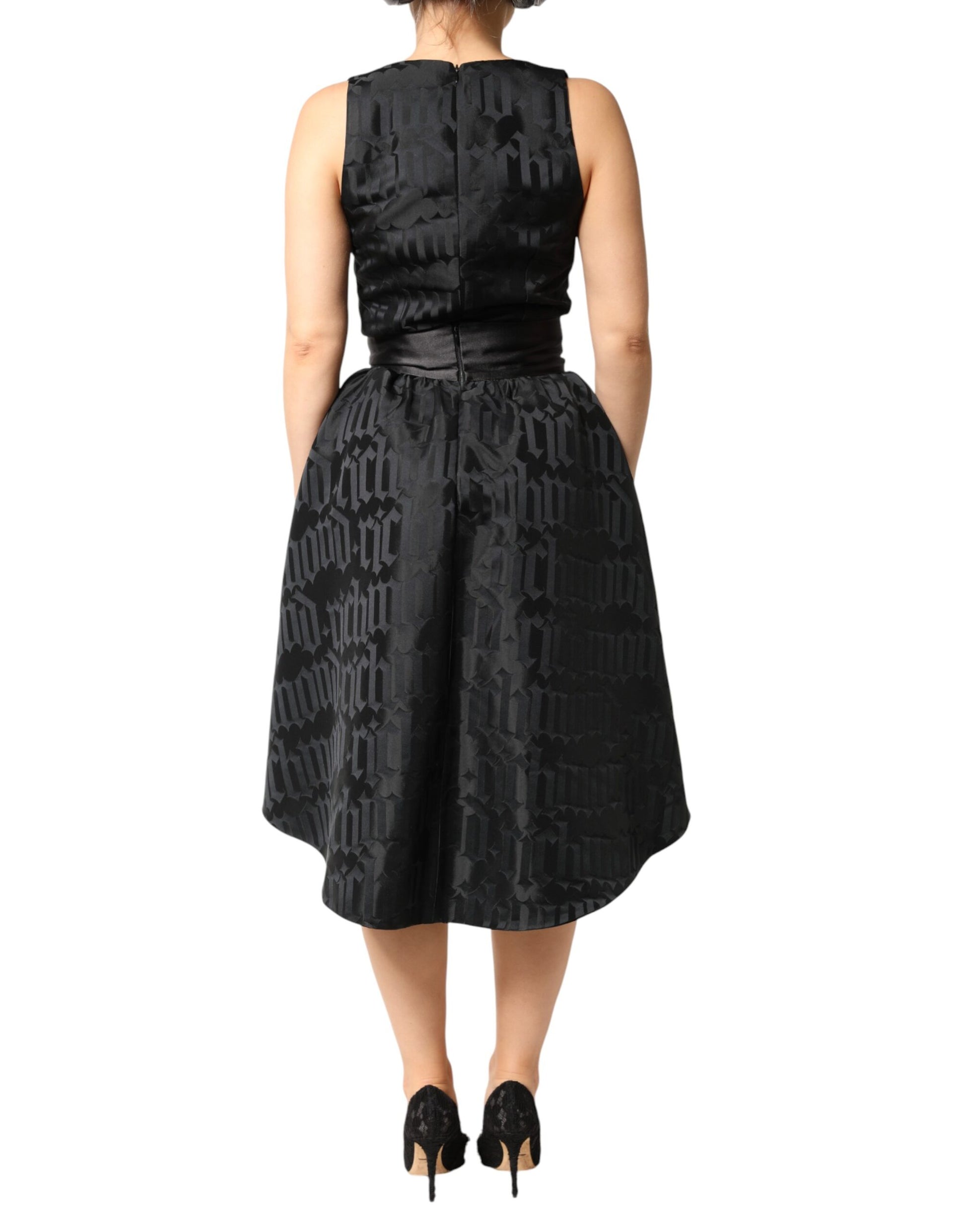 Black Jacquard Deep V-neck Sleeveless 2 Pc Dress