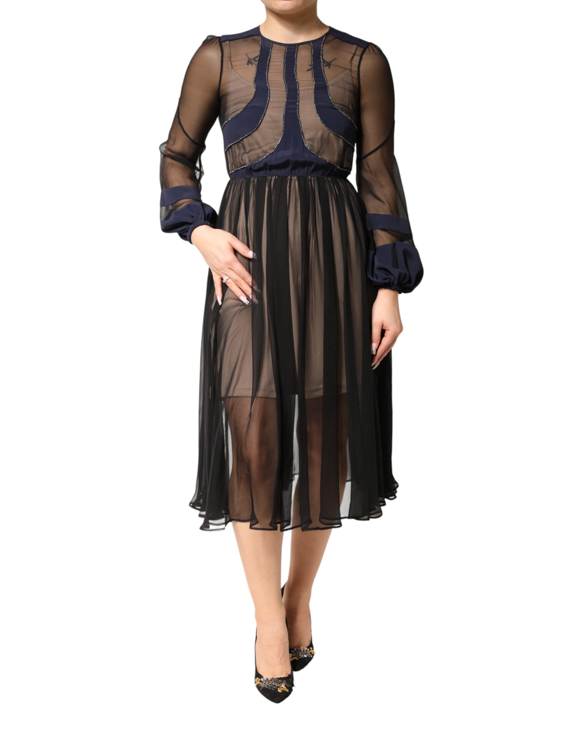 Blue Long Sleeves Sheer Silk Sheath A-line Midi Dress