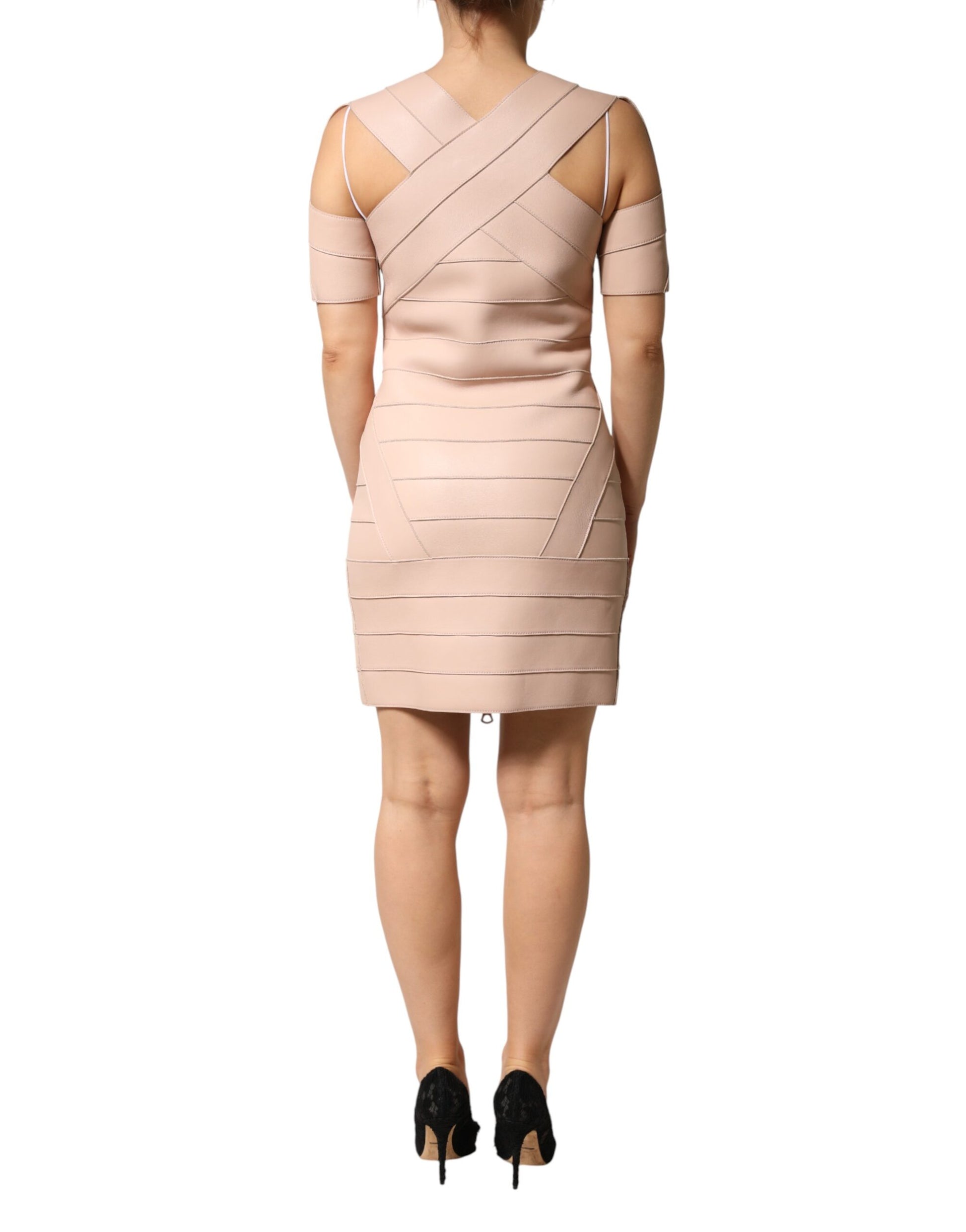Beige Leather Short Sleeves Sheath Mini Dress