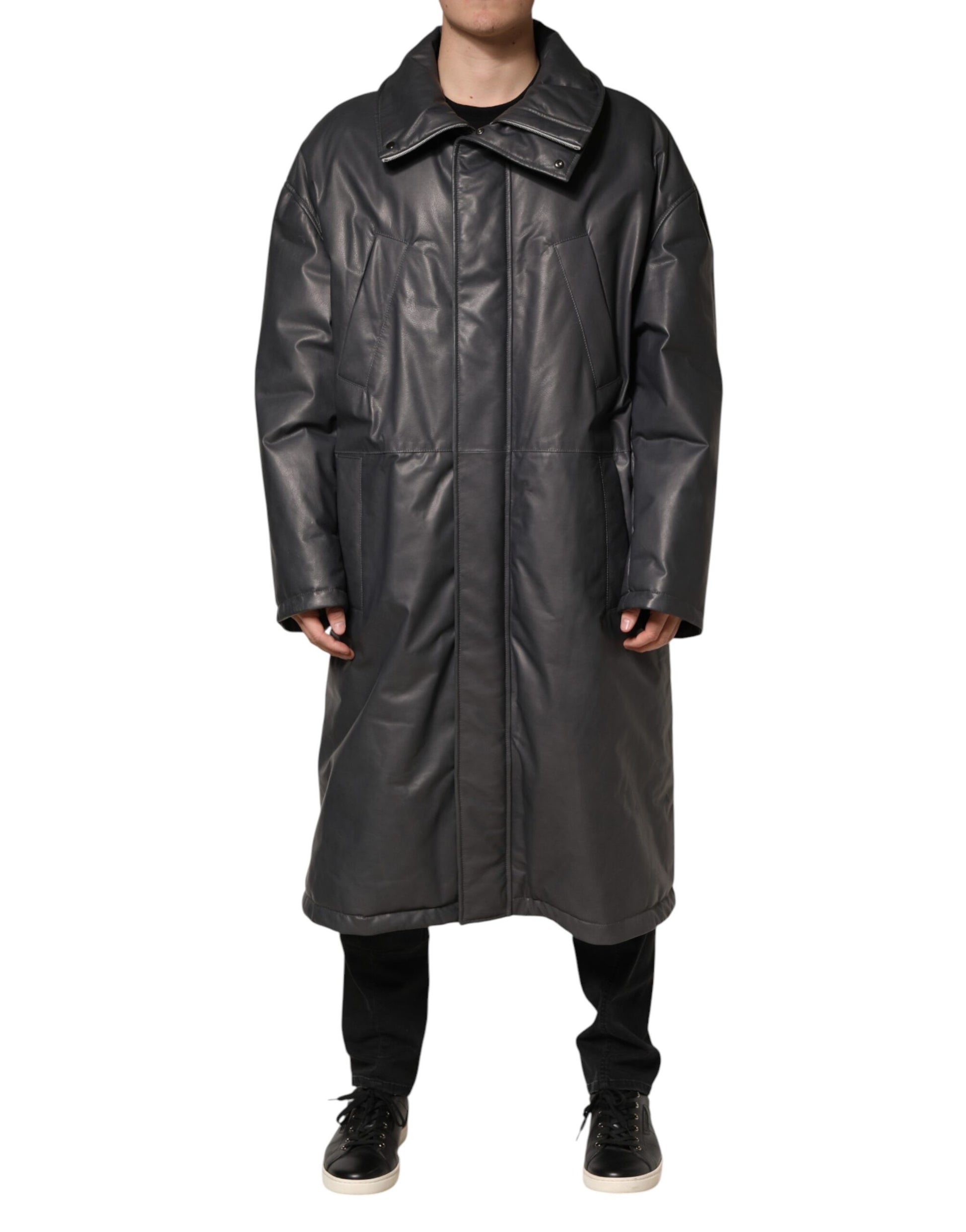 Black Leather Collared Trench Coat Jacket